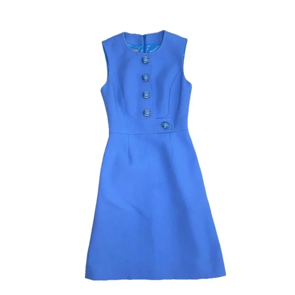 Luxury Michael Kors Collection Jackie O Sleeveless Sheath Dress 0 Buttons Blue - Picture 2 of 8